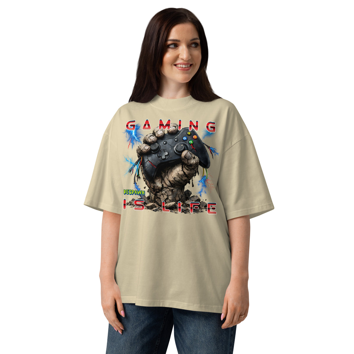 Gaming Is Life Unisex organic oversized high neck t-shirt — Stone — front