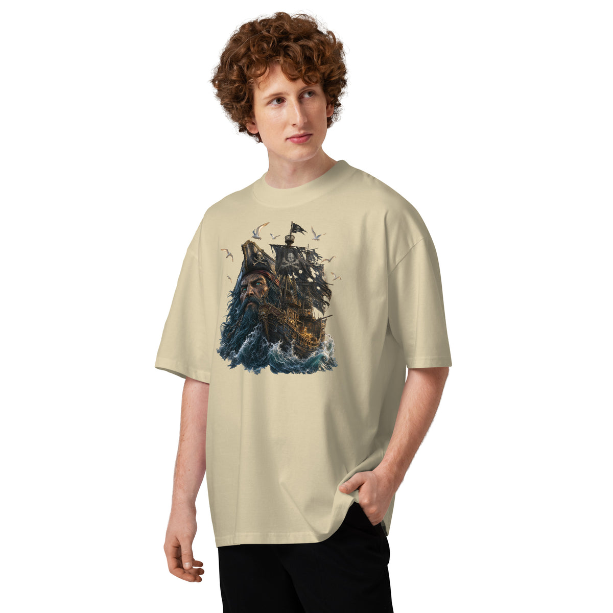 Ghost Ship Unisex organic oversized high neck t-shirt — Stone — front