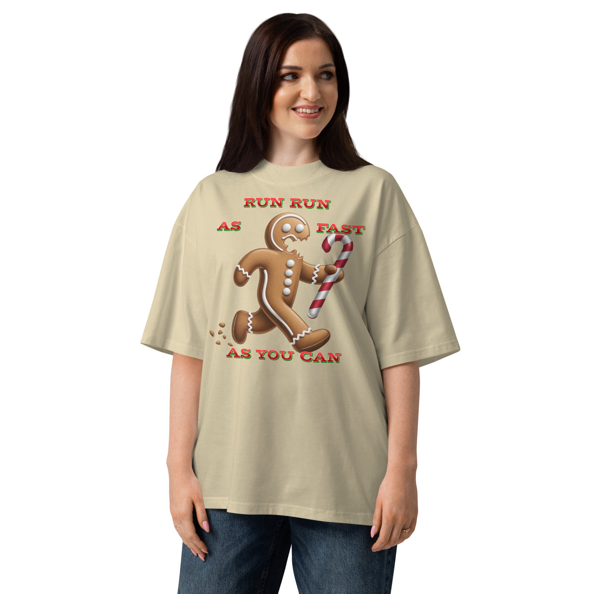 Gingerbread Man Unisex organic oversized high neck t-shirt — Stone — front