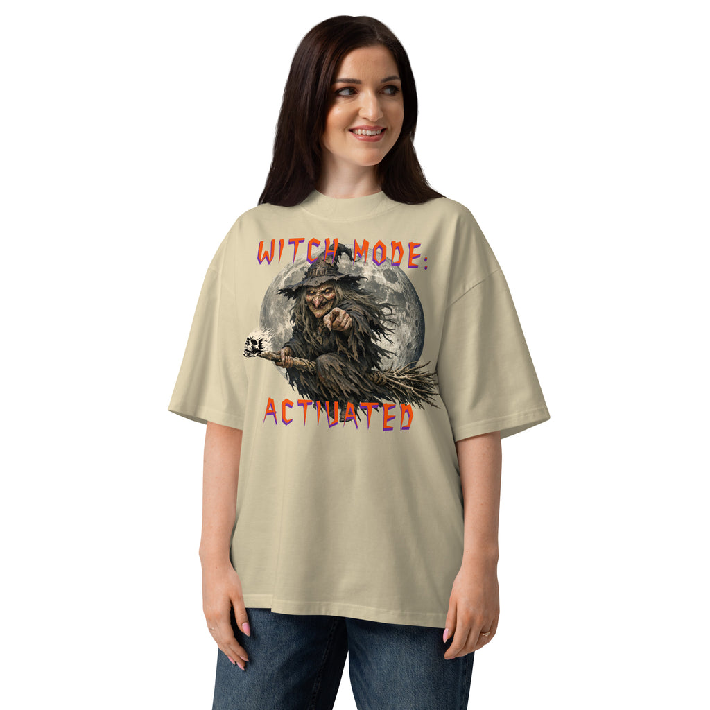 Halloween Witch Mode Unisex organic oversized high neck t-shirt — Stone — front
