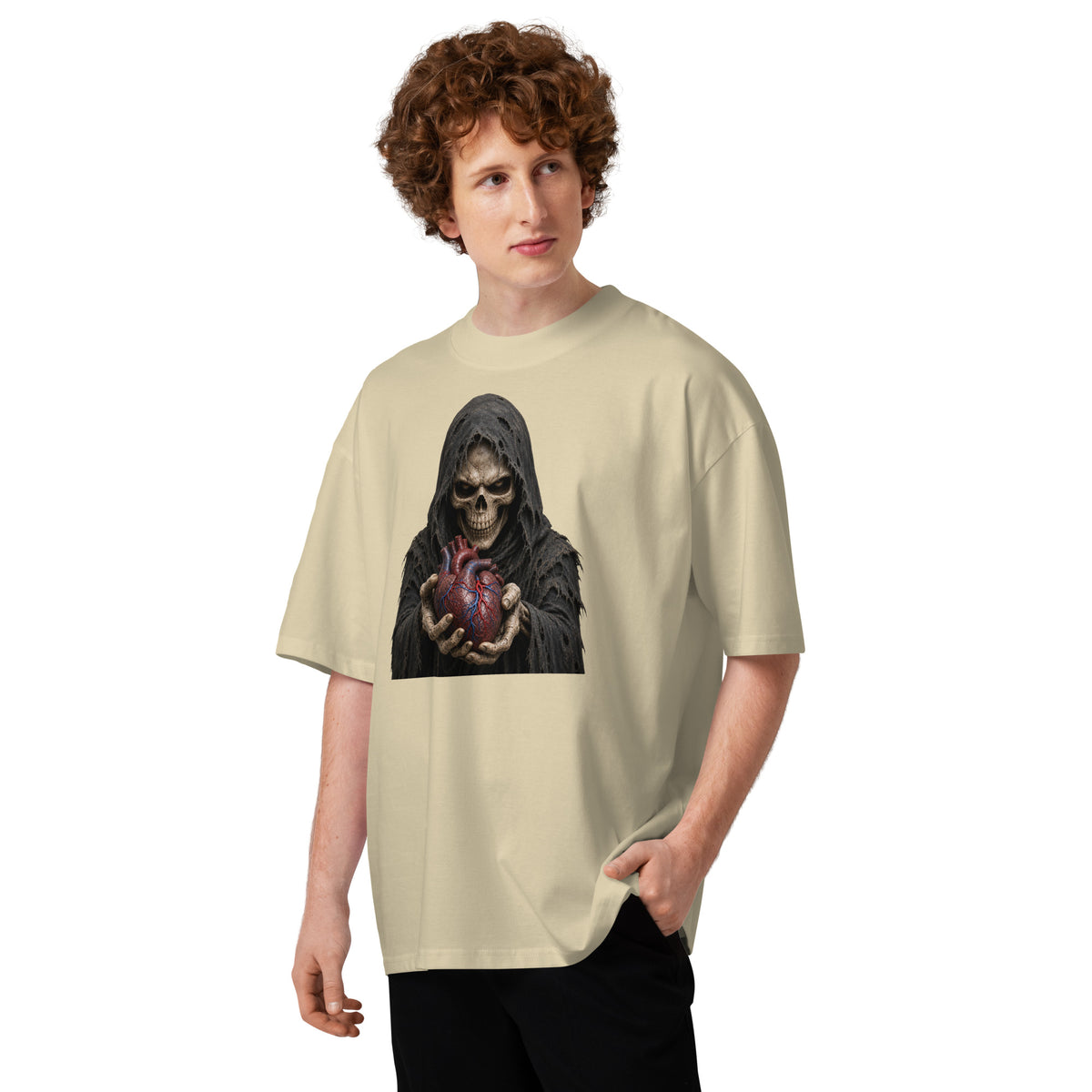 Have A Heart Skeleton Unisex organic oversized high neck t-shirt — Stone — front