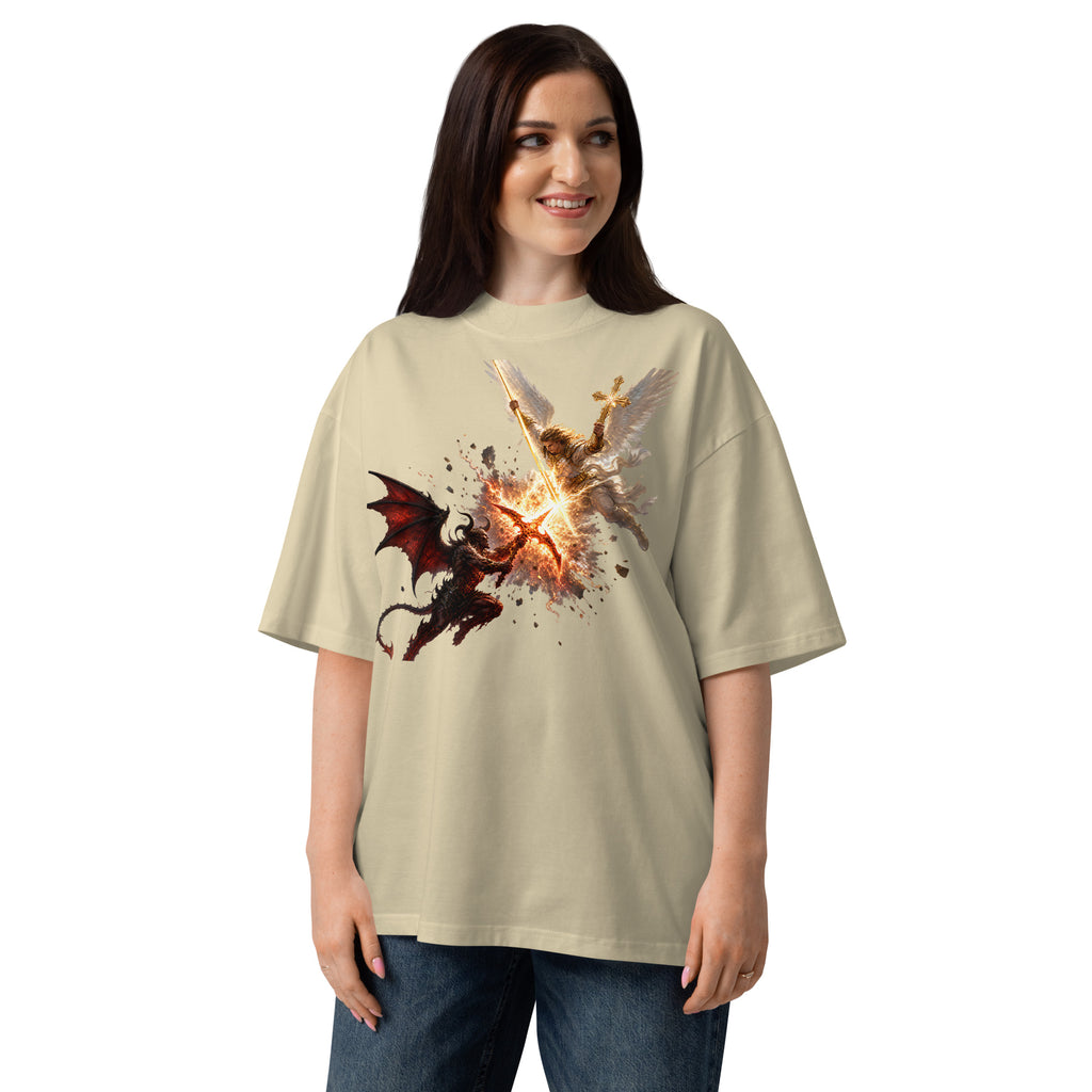 Heaven and Hell Unisex organic oversized high neck t-shirt — Stone — front