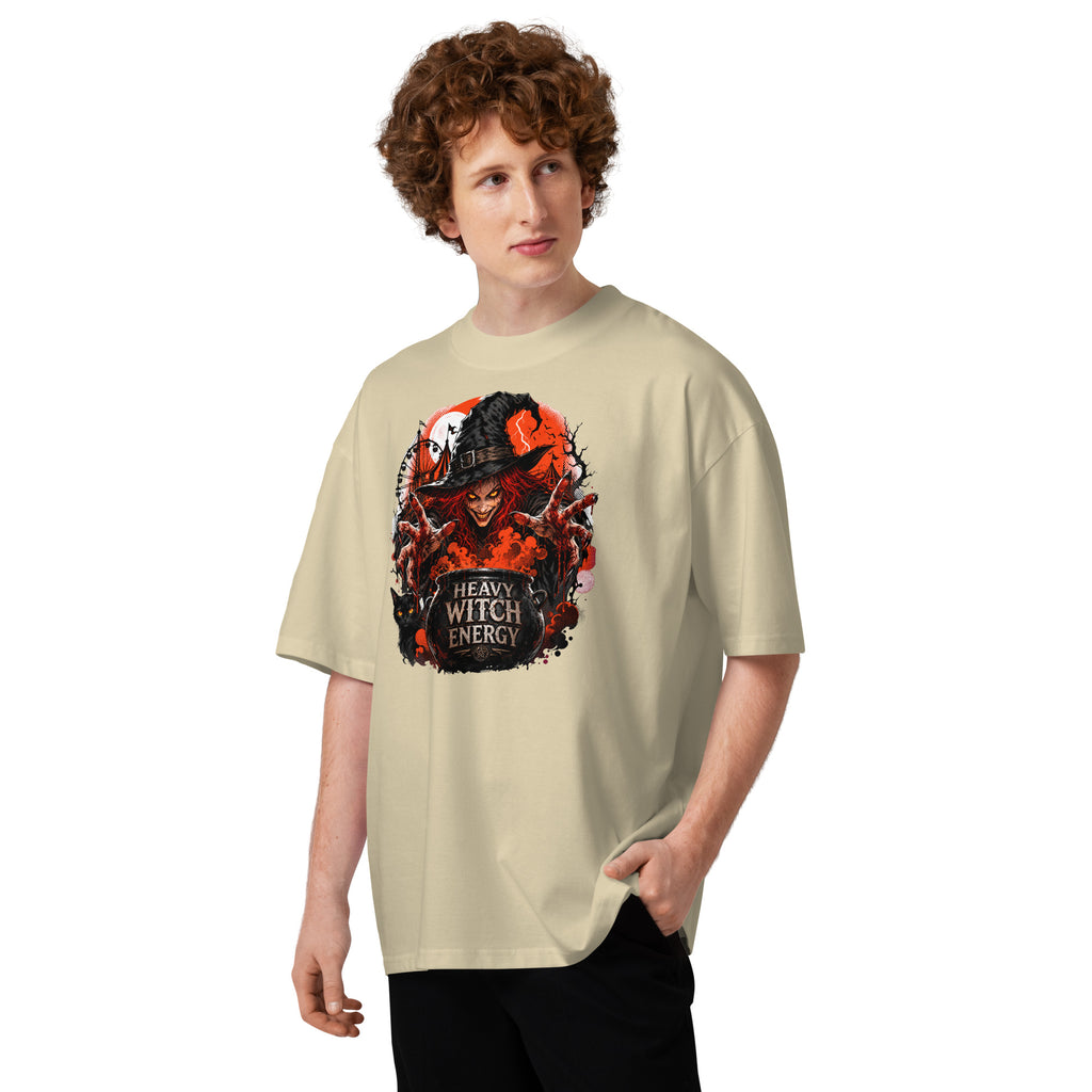 Heavy Witch Energy Unisex organic oversized high neck t-shirt — Stone — front