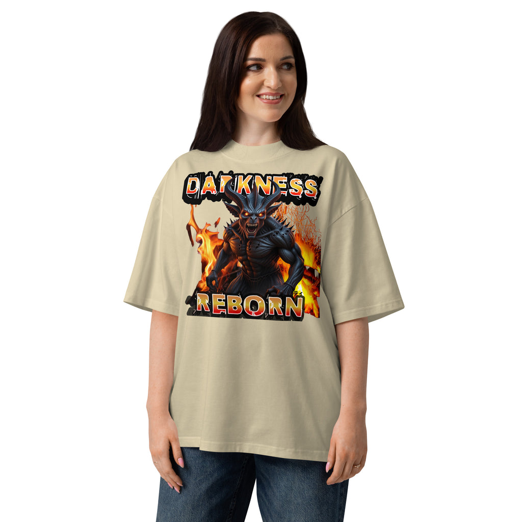 Hellfire Reborn Beast Unisex organic oversized high neck t-shirt — Stone — front