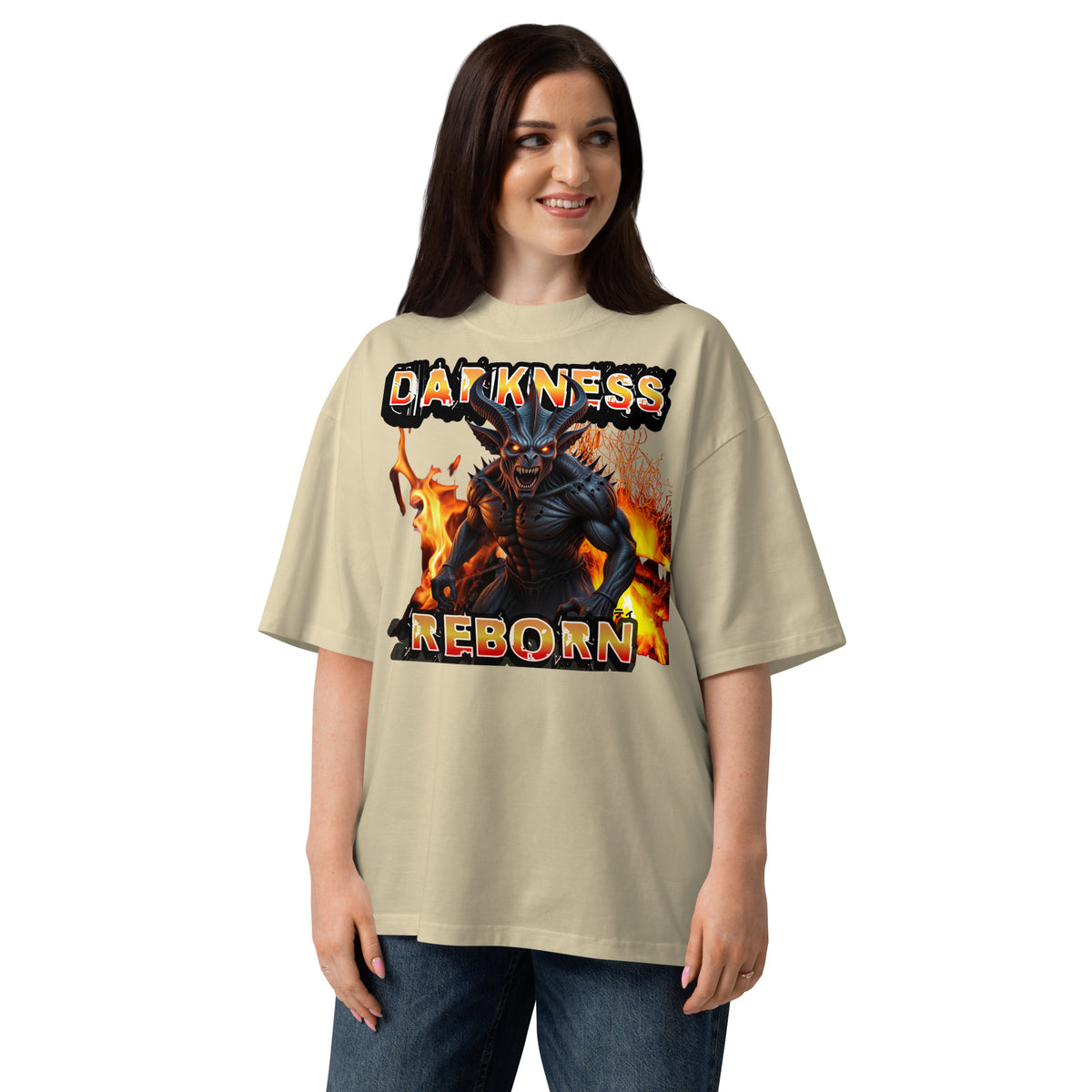 Hellfire Reborn Beast Unisex organic oversized high neck t-shirt — Stone — front