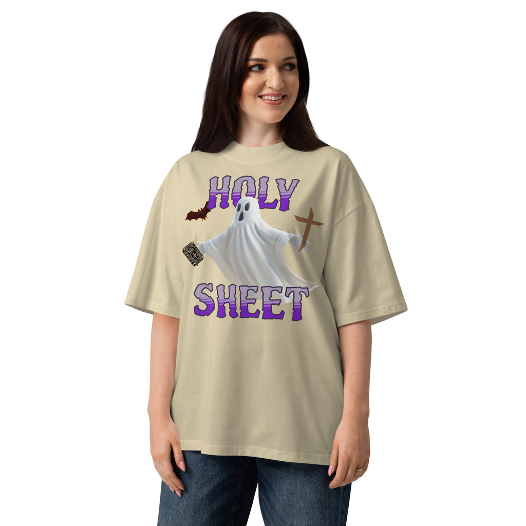 Holy Sheet Unisex organic oversized high neck t-shirt — Stone — front