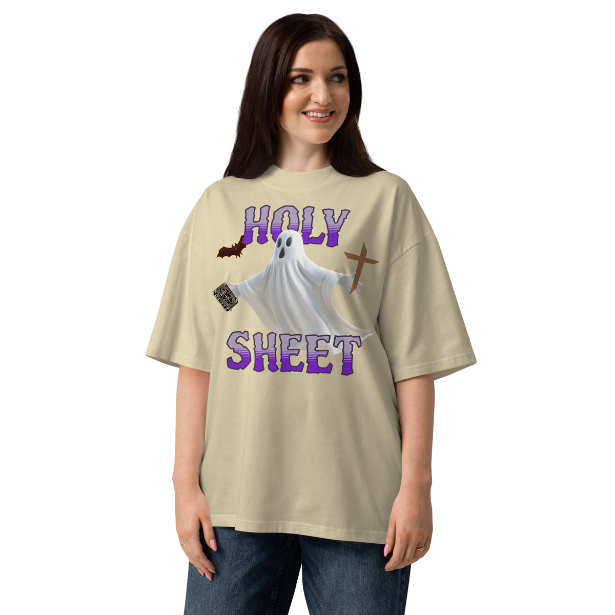 Holy Sheet Unisex organic oversized high neck t-shirt — Stone — front