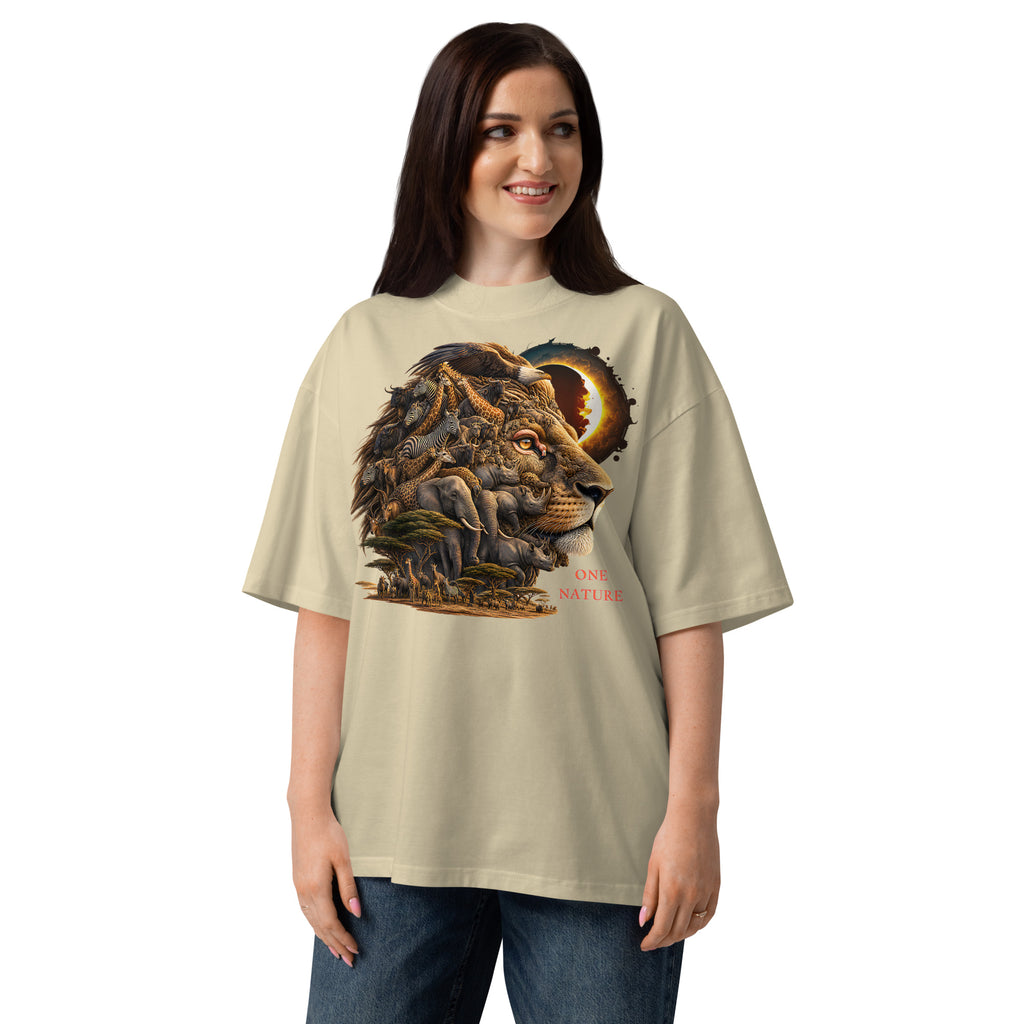 Illusions Lion Unisex organic oversized high neck t-shirt — Stone — front