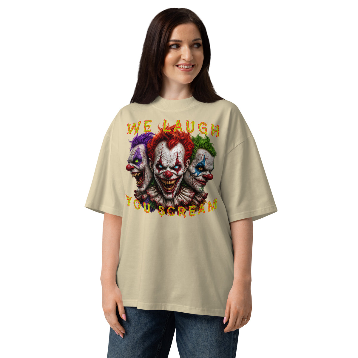 Killer Smiles Unisex organic oversized high neck t-shirt — Stone — front