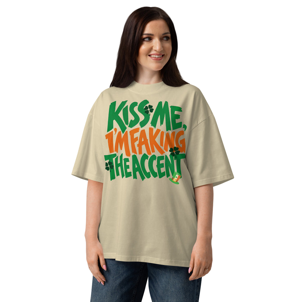 Kiss Me Faking Accent Unisex organic oversized high neck t-shirt — Stone — front