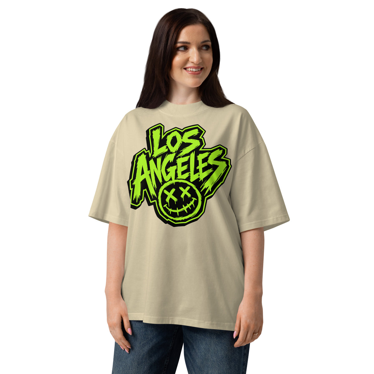 LA Smiles Unisex organic oversized high neck t-shirt — Stone — front