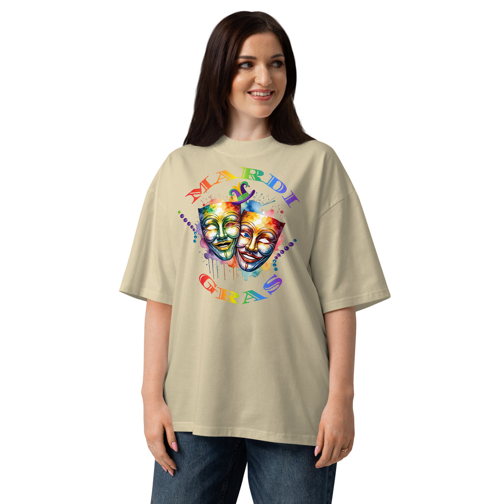 Mardi Gras Masks Unisex organic oversized high neck t-shirt — Stone — front