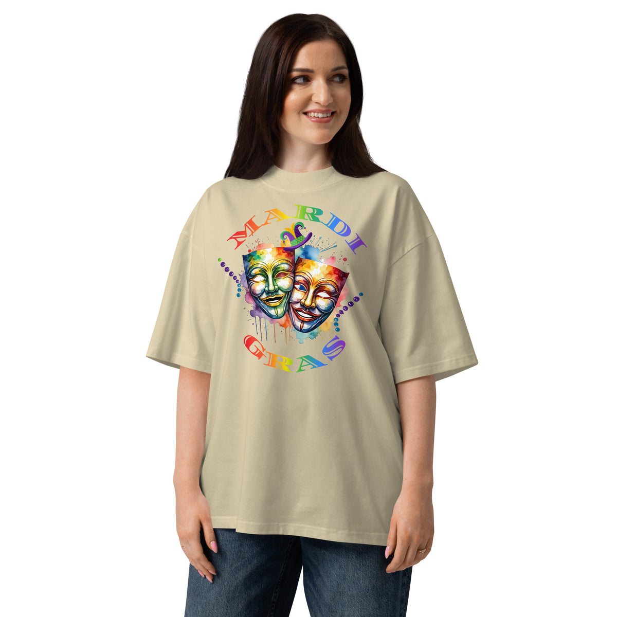 Mardi Gras Masks Unisex organic oversized high neck t-shirt — Stone — front