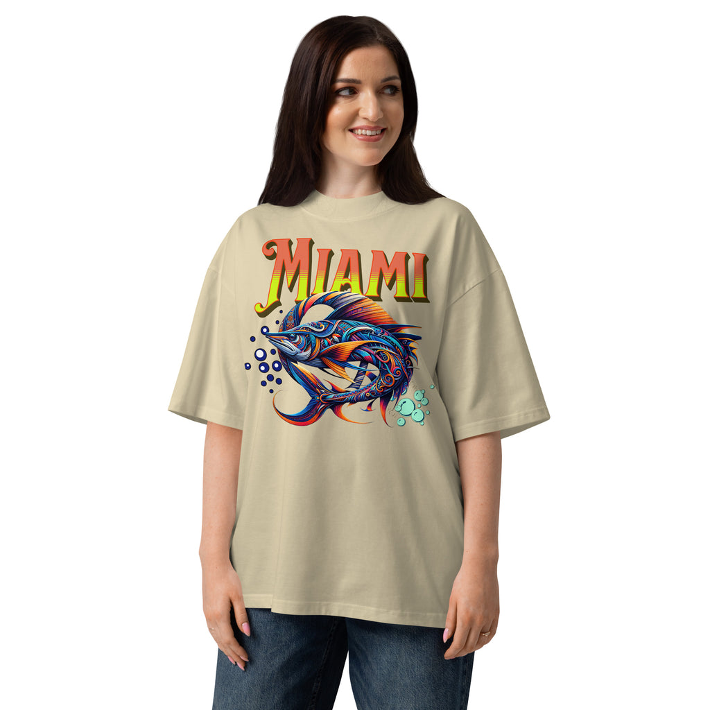 Miami Swordfish Unisex organic oversized high neck t-shirt — Stone — front