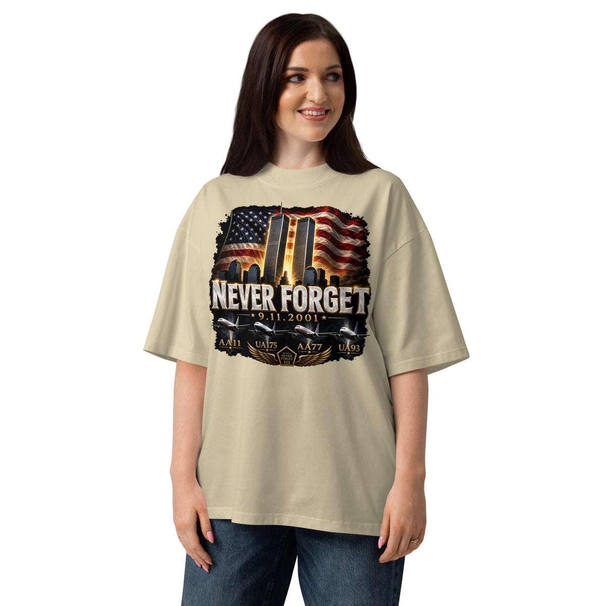 Never Forget 9/11 — Twin Towers Unisex organic oversized high neck t-shirt — Stone — front