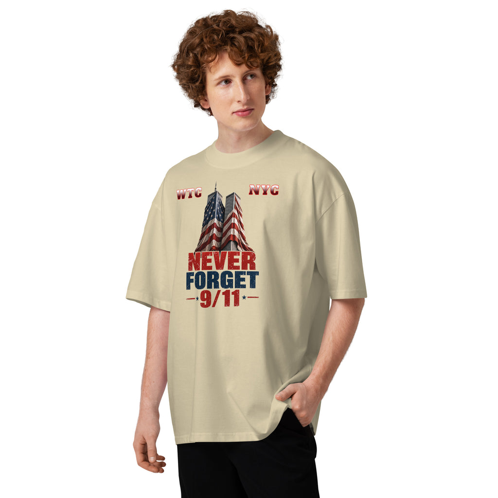 Never Forget 9/11 — WTC NYC Unisex organic oversized high neck t-shirt — Stone — front