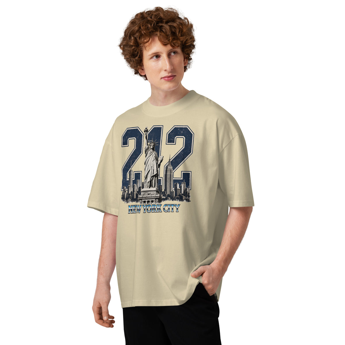 New York 212 Unisex organic oversized high neck t-shirt — Stone — front