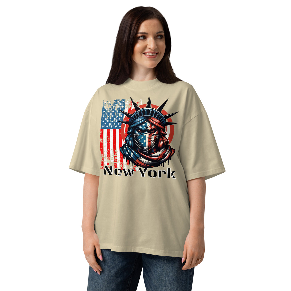 New York City Unisex organic oversized high neck t-shirt — Stone — front