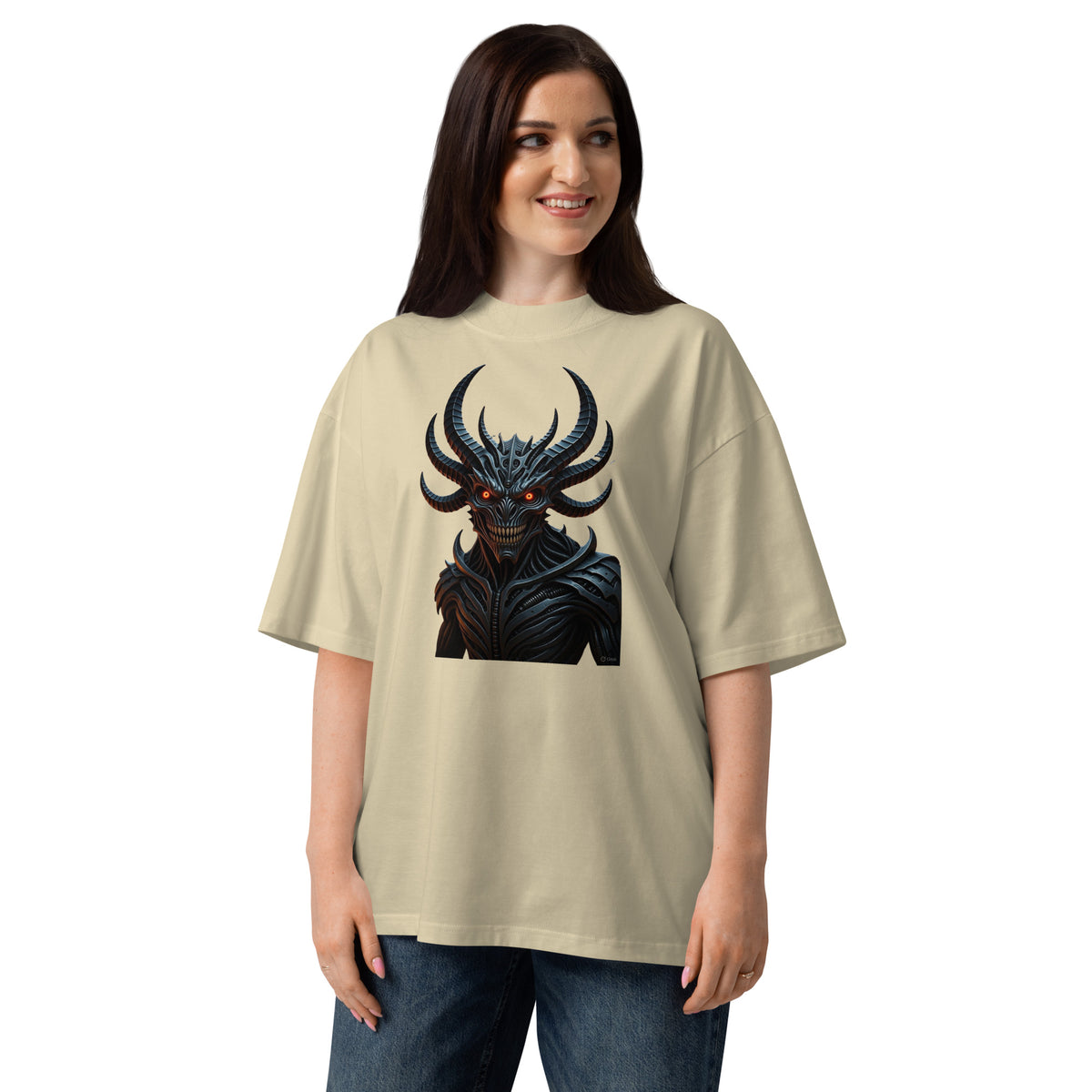 Nightmare King Unisex organic oversized high neck t-shirt — Stone — front