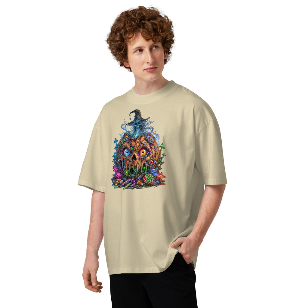 Pumpkin Horror Unisex organic oversized high neck t-shirt — Stone — front