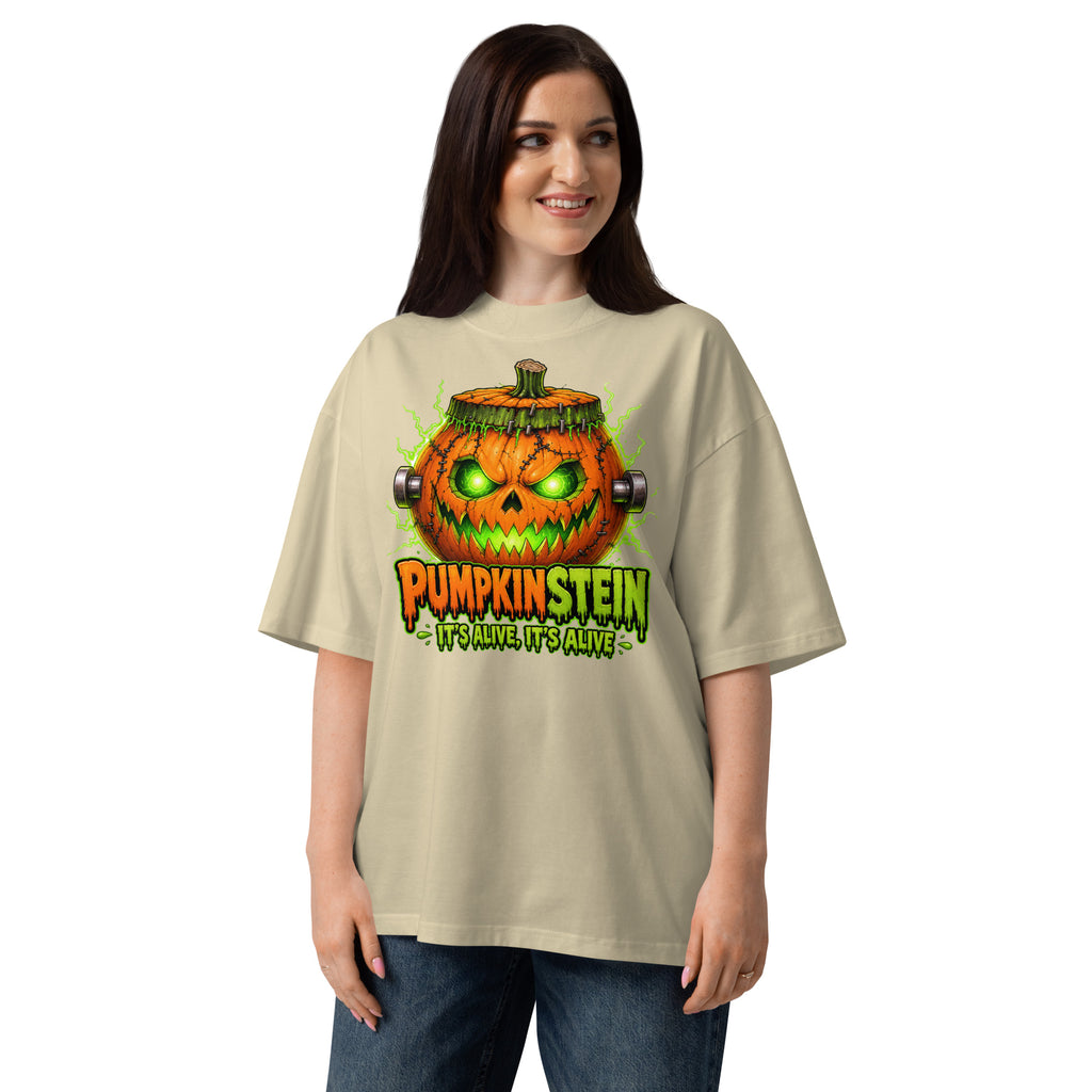 Pumpkinstein Unisex organic oversized high neck t-shirt — Stone — front