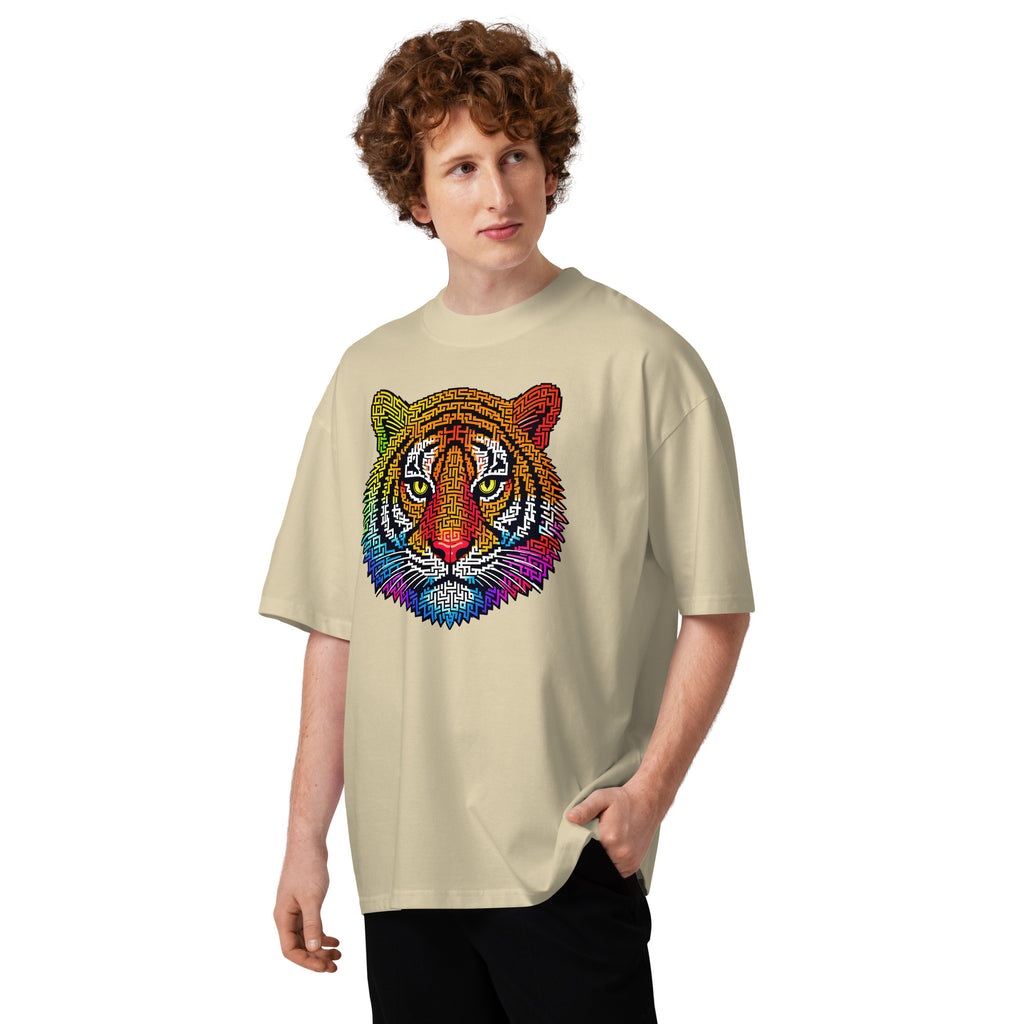 Rainbow Tiger Face Maze Unisex organic oversized high neck t-shirt — Stone — front