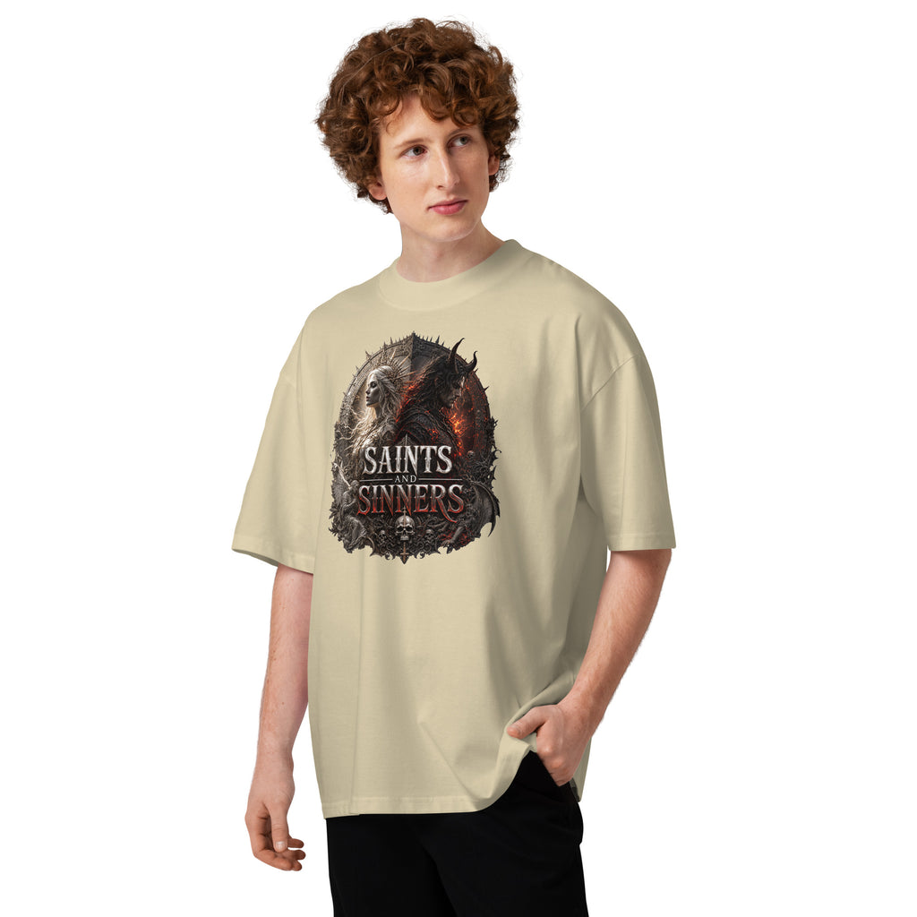 Saints and Sinners — Angel and Demon Unisex organic oversized high neck t-shirt — Stone — front