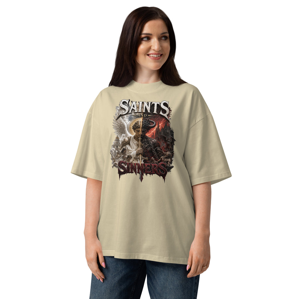 Saints and Sinners Unisex organic oversized high neck t-shirt — Stone — front