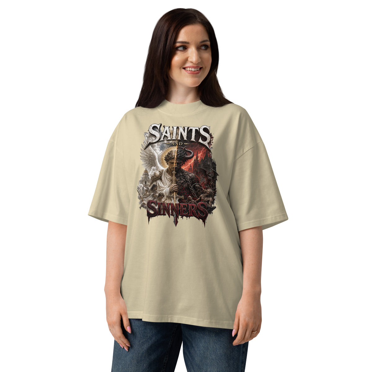 Saints and Sinners Unisex organic oversized high neck t-shirt — Stone — front