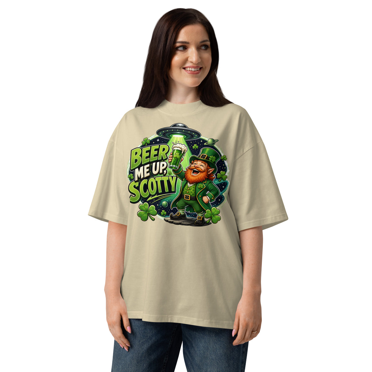 St. Patrick’s Day Cheers Unisex organic oversized high neck t-shirt — Stone — front
