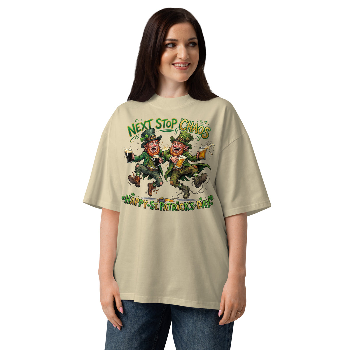 St. Patrick’s Day Chaos Unisex organic oversized high neck t-shirt — Stone — front