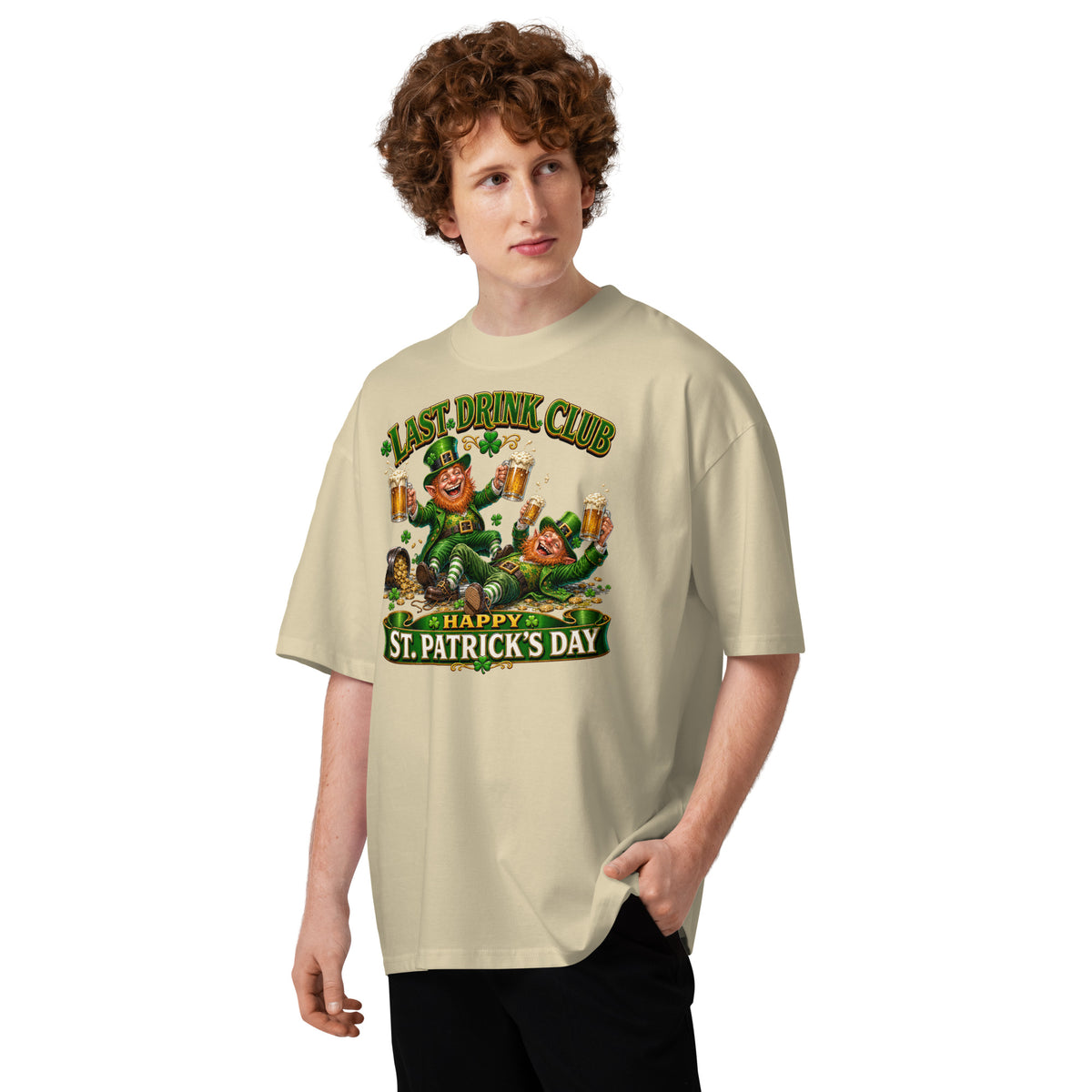 St. Patrick’s Day Last Drink Unisex organic oversized high neck t-shirt — Stone — front