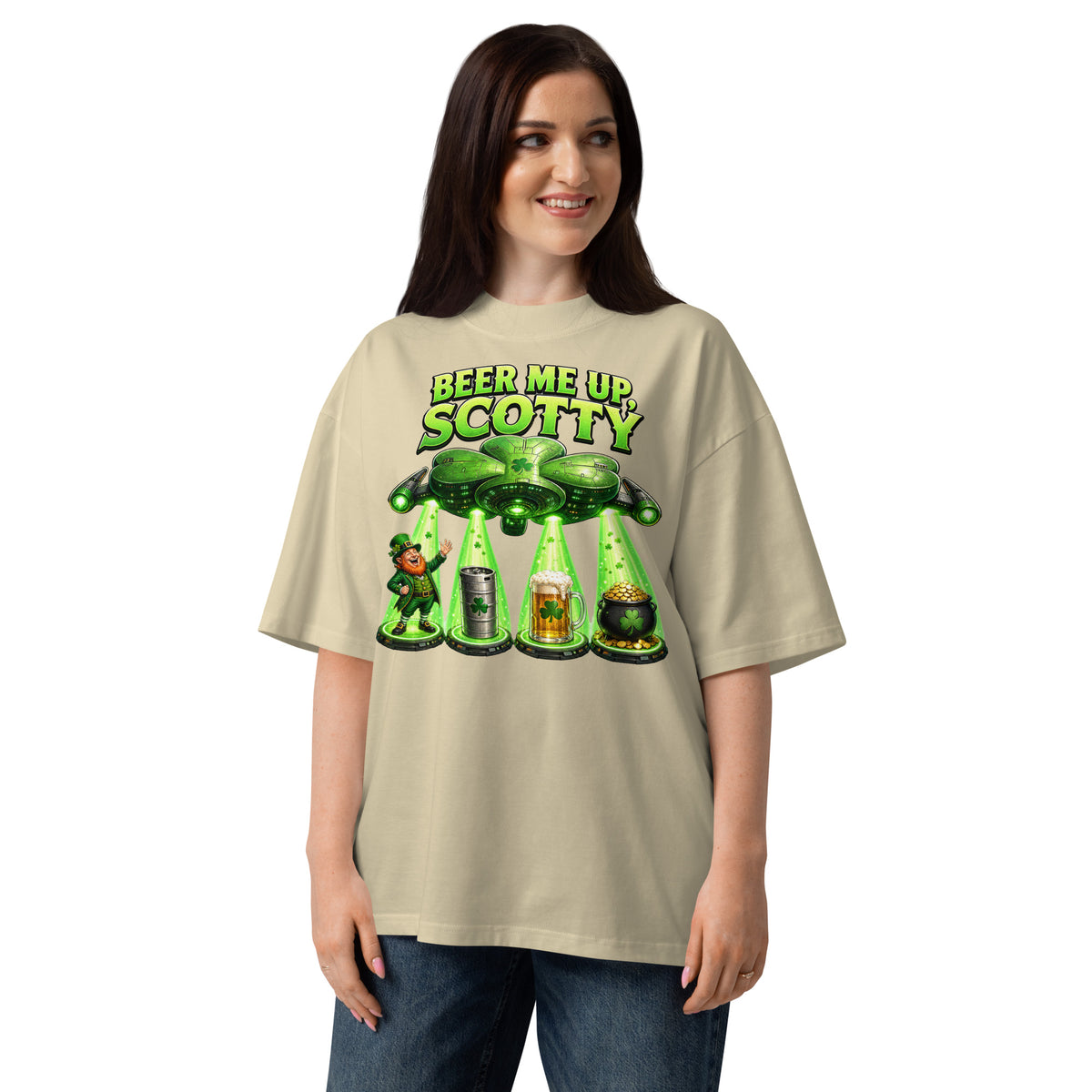 St. Patrick’s Day Spaceship Unisex organic oversized high neck t-shirt — Stone — front