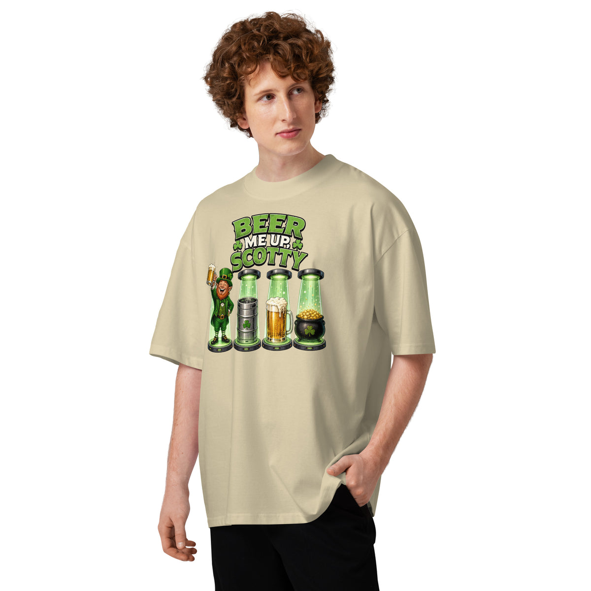 St. Patrick’s Day Transporter Unisex organic oversized high neck t-shirt — Stone — front