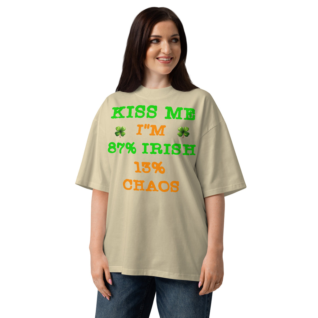 Kiss Me — Irish Chaos Unisex organic oversized high neck t-shirt — Stone — front