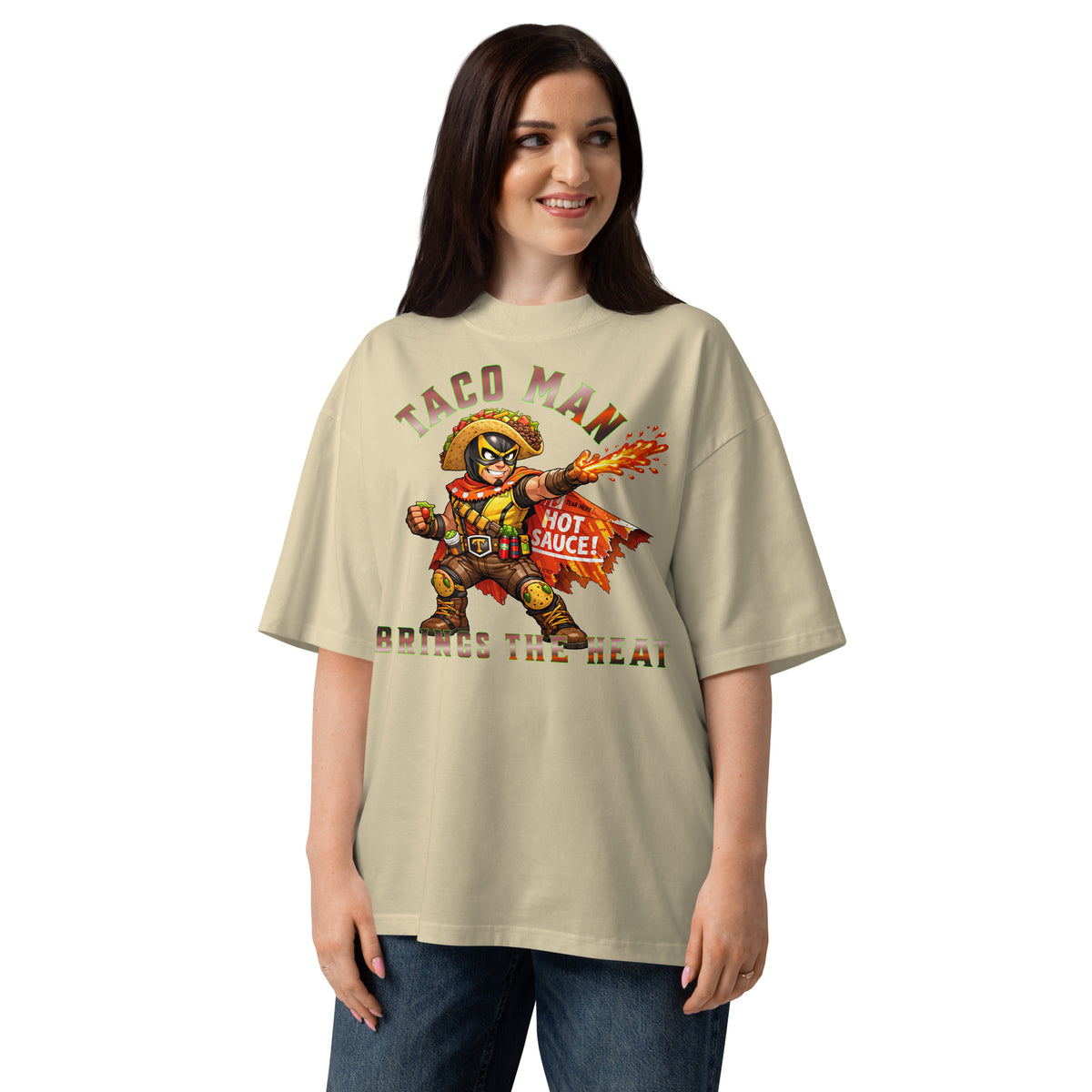 Taco Man Unisex organic oversized high neck t-shirt — Stone — front