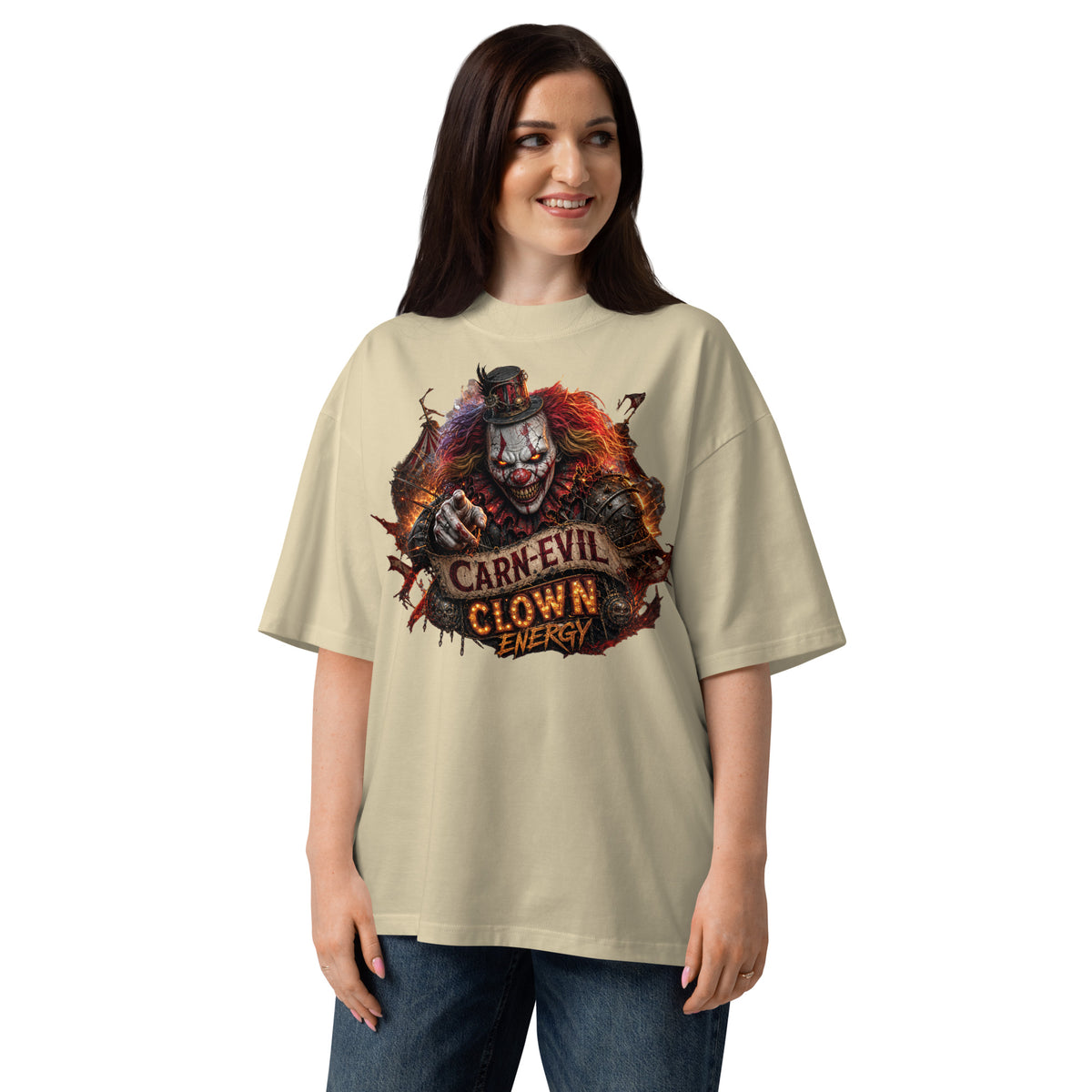 Top Hat Evil Clown Unisex organic oversized high neck t-shirt — Stone — front