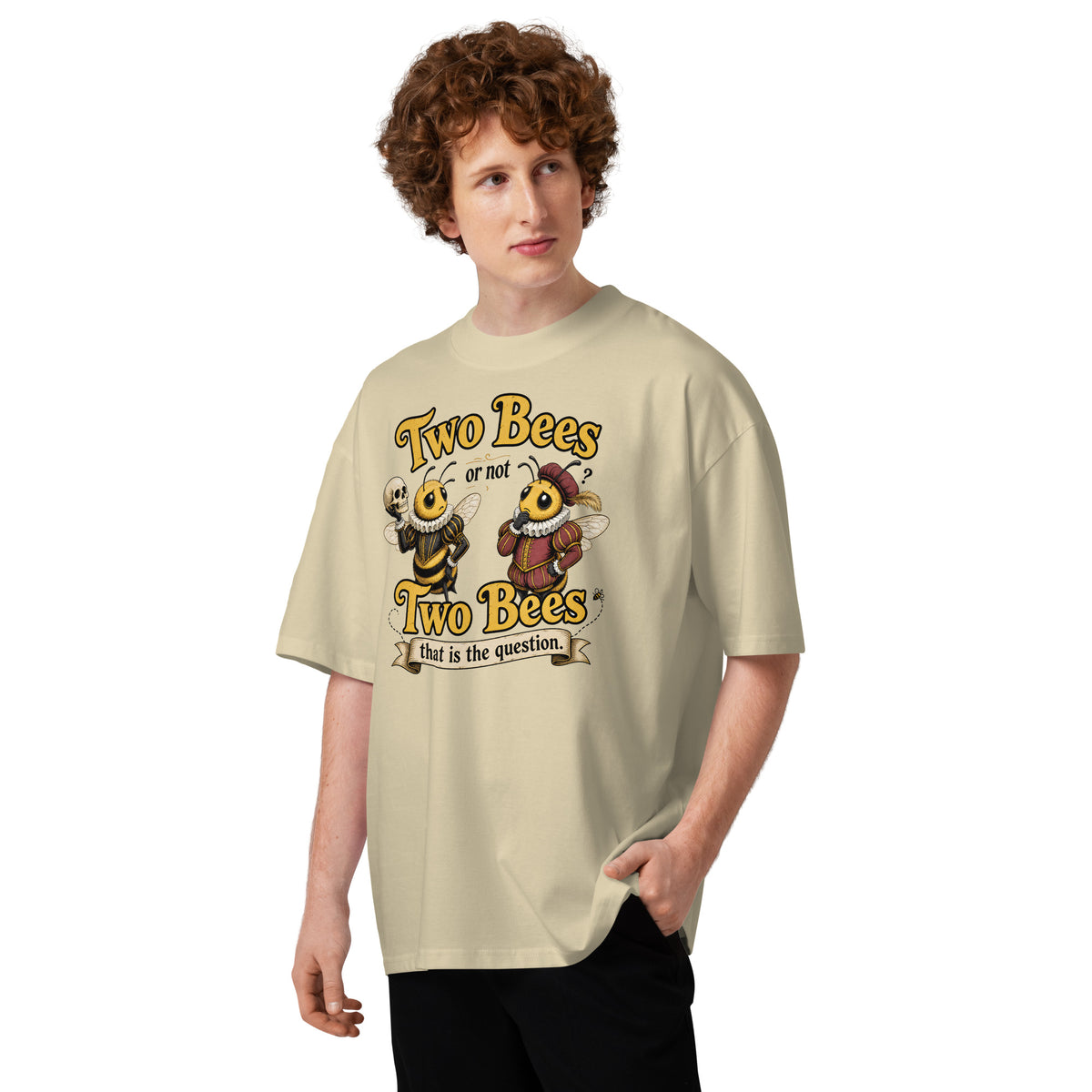 Two Bees Unisex organic oversized high neck t-shirt — Stone — front