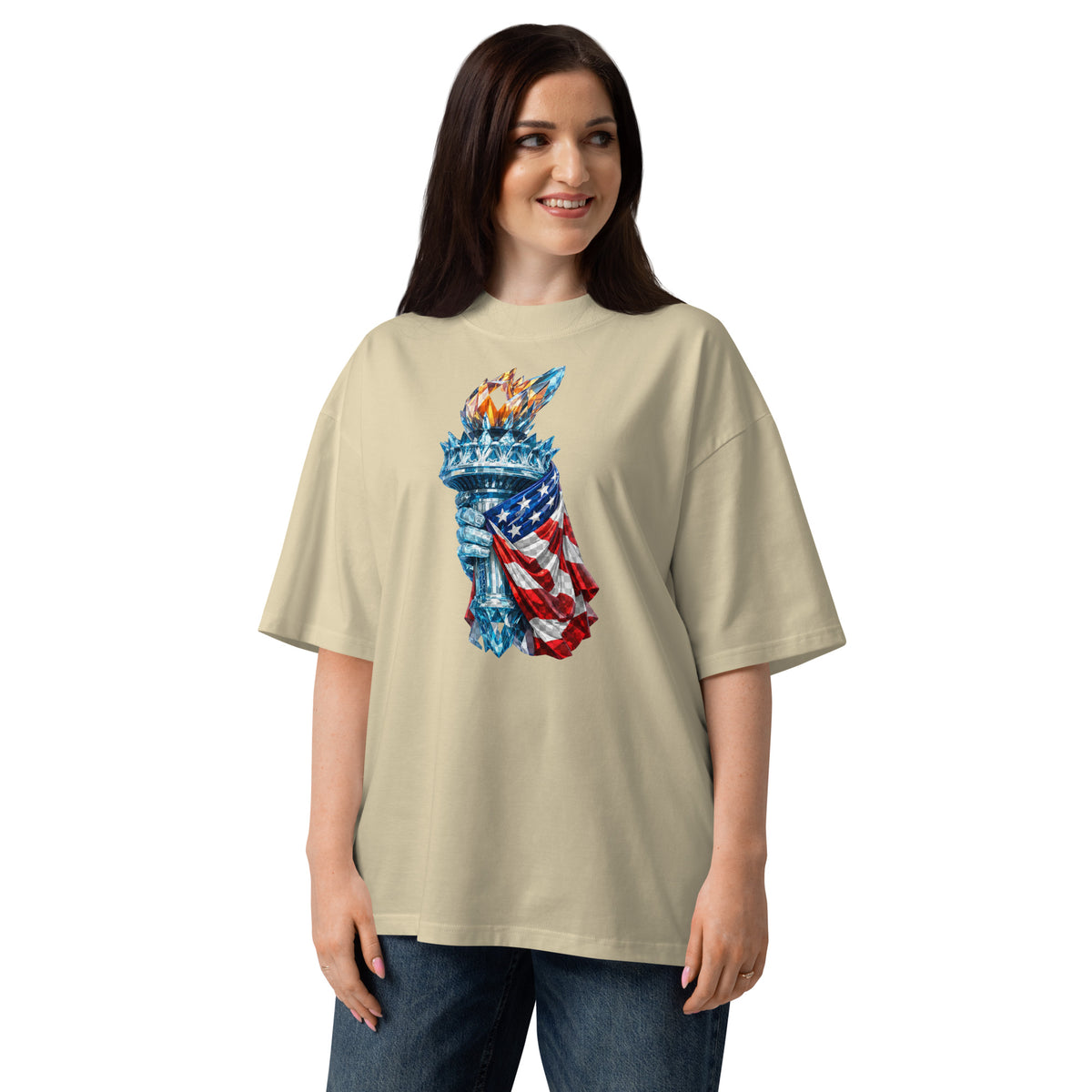 USA Liberty Ice Torch Unisex organic oversized high neck t-shirt — Stone — front