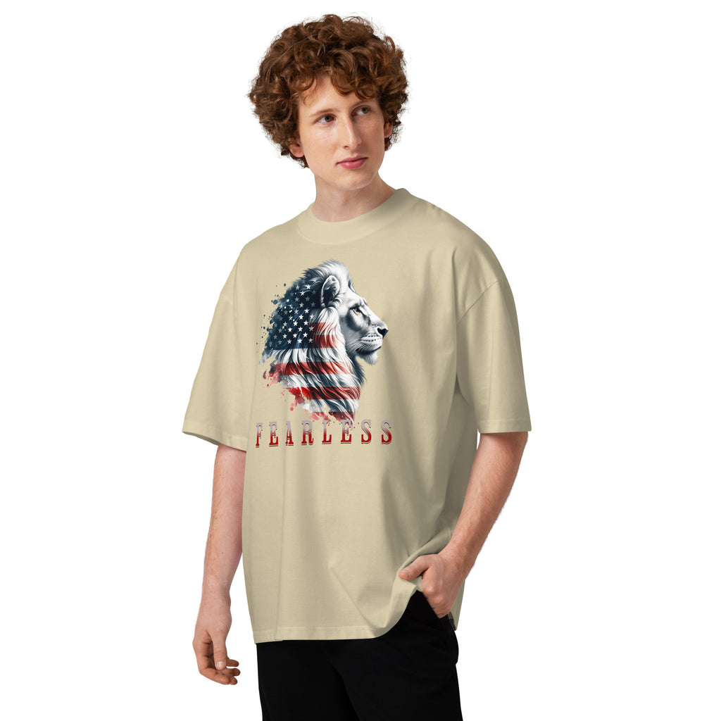 USA Lion Fearless Unisex organic oversized high neck t-shirt — Stone — front