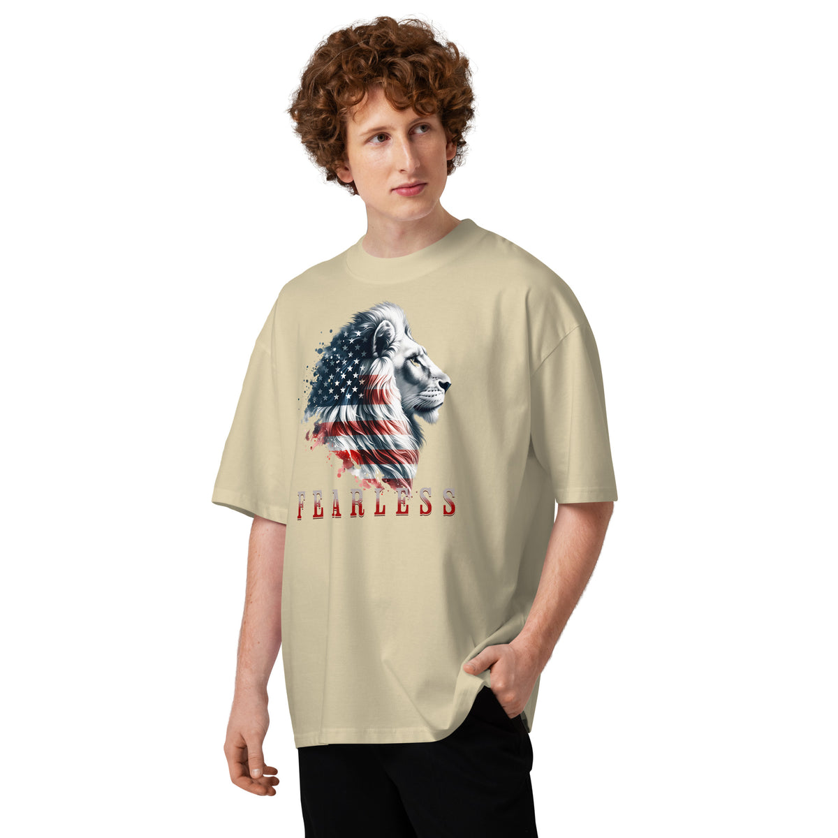 USA Lion Fearless Unisex organic oversized high neck t-shirt — Stone — front