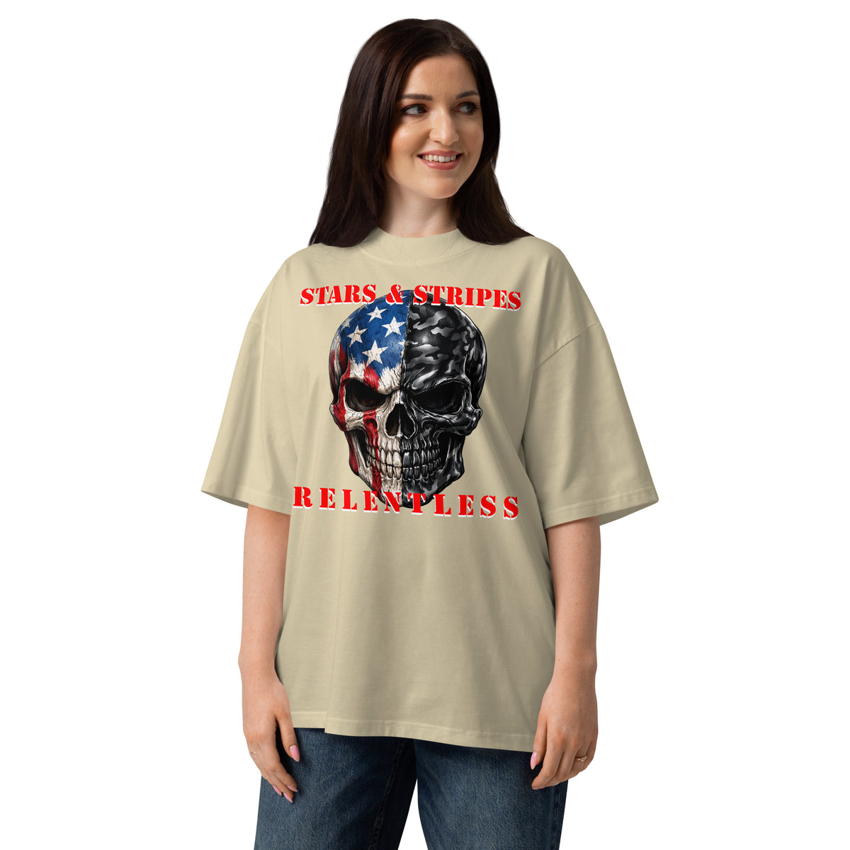 USA Patriotic Camo Skull Unisex organic oversized high neck t-shirt — Stone — front