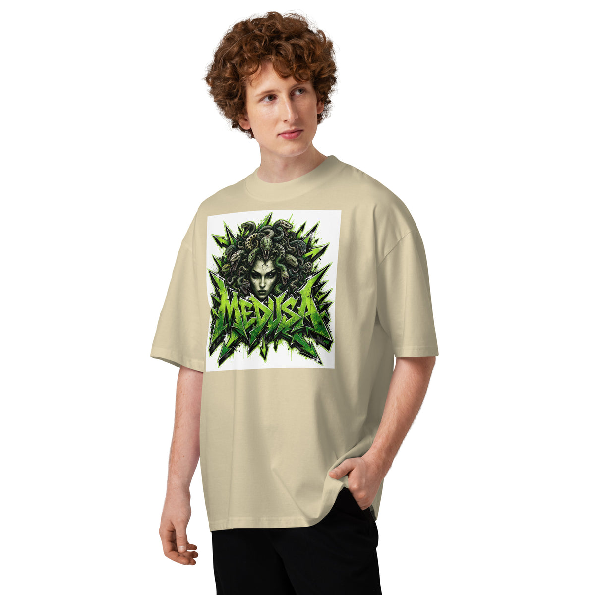 Medusa Graffiti Unisex organic oversized high neck t-shirt — Stone — front
