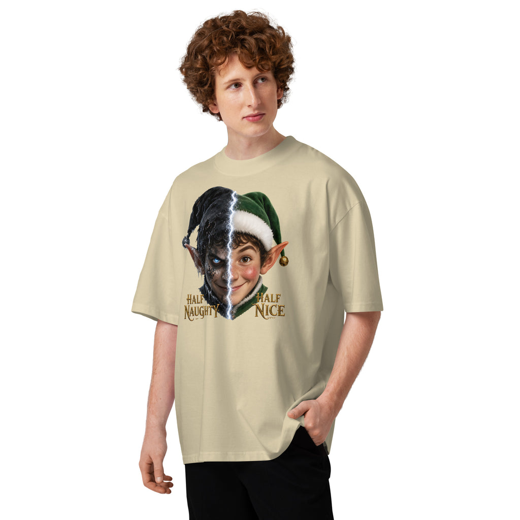 Xmas Elf Twins Unisex organic oversized high neck t-shirt — Stone — front