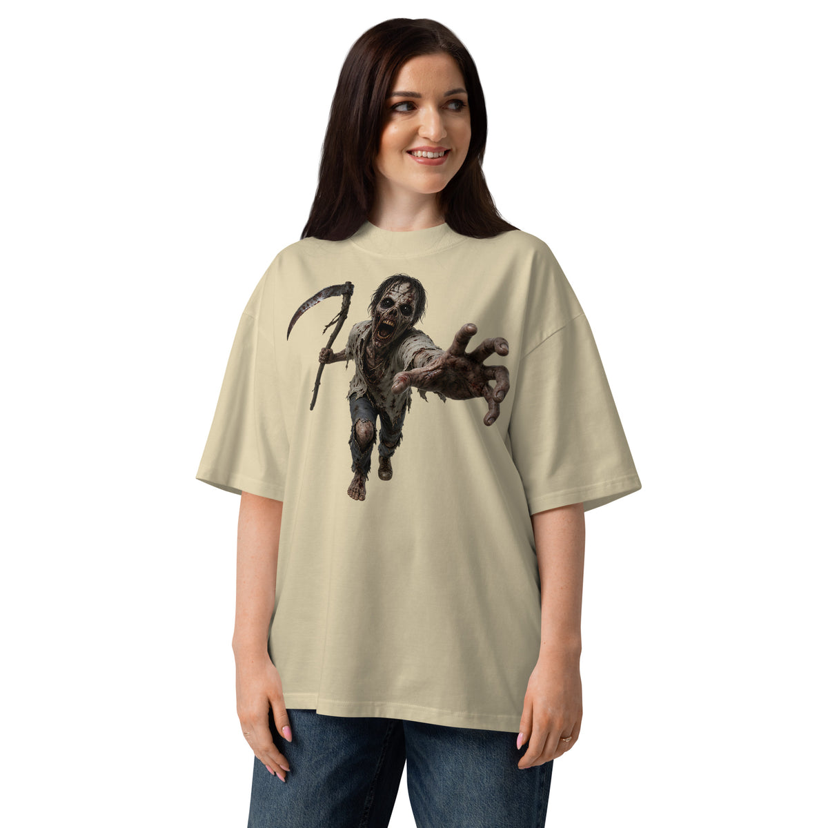 Zombie Run Unisex organic oversized high neck t-shirt — Stone — front