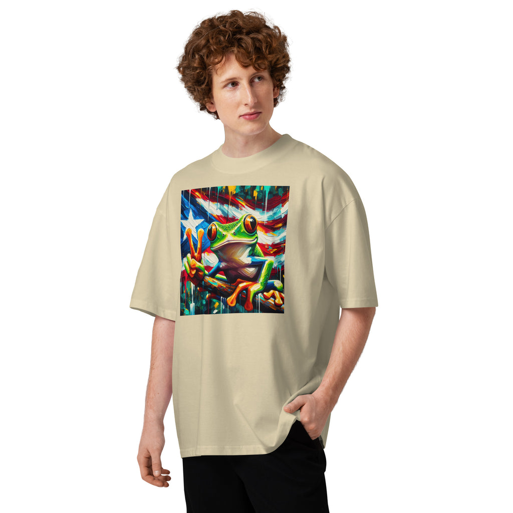 Coqui Frog Unisex organic oversized high neck t-shirt — Stone — front