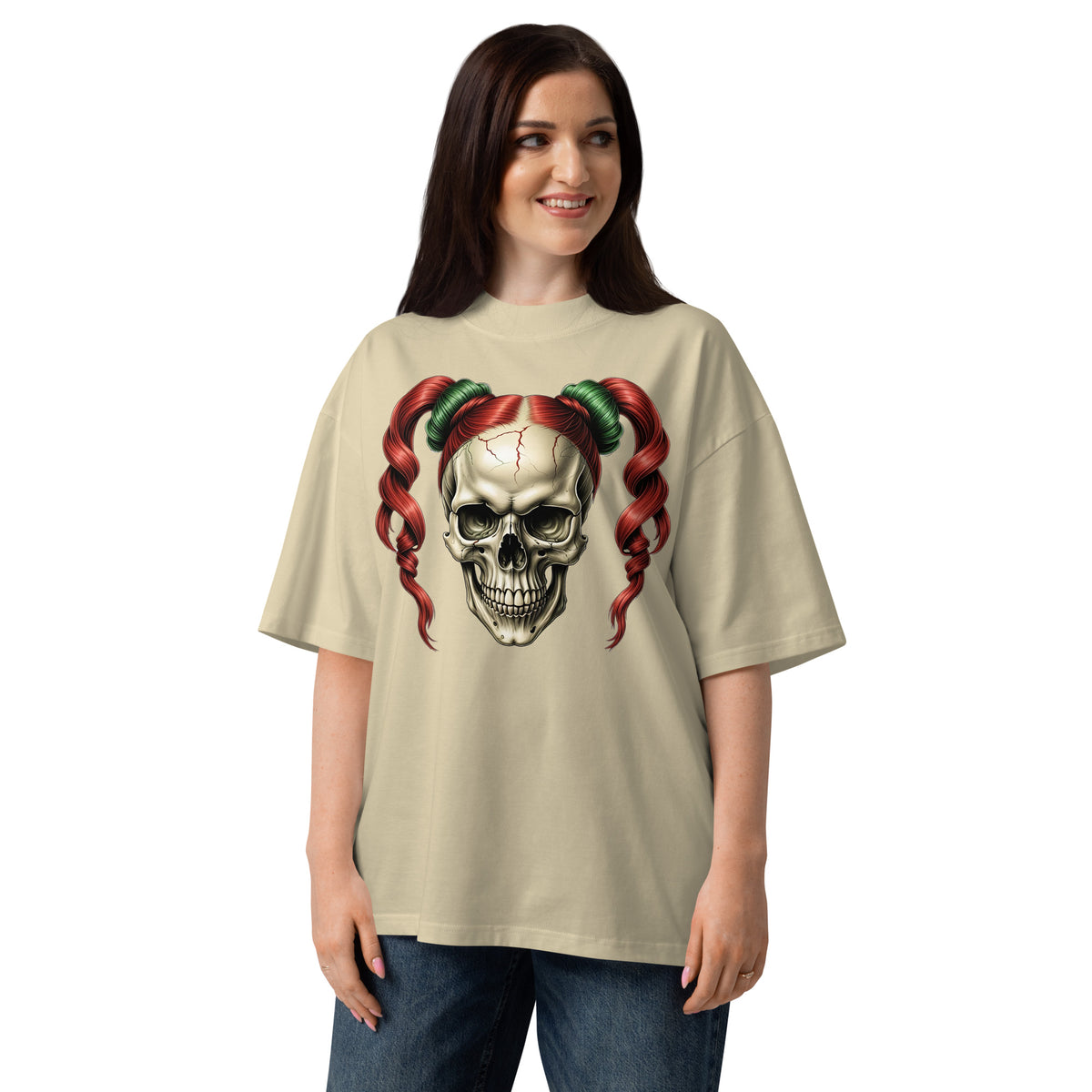 Ponytails Skull Unisex organic oversized high neck t-shirt — Stone — front