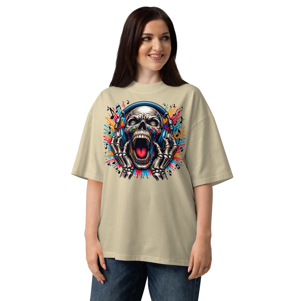 Screaming Skeleton Unisex organic oversized high neck t-shirt — Stone — front