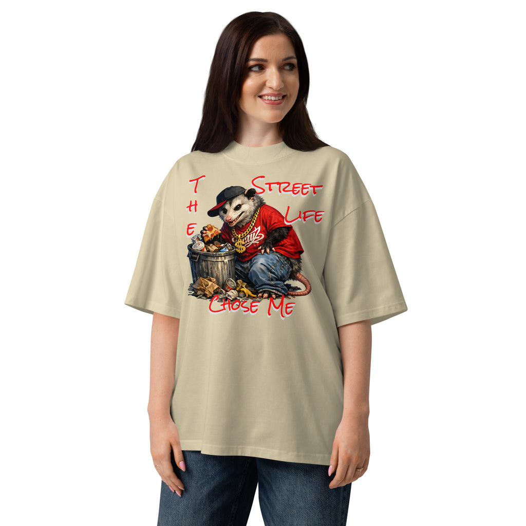 NY Possum Life Unisex organic oversized high neck t-shirt — Stone — Women's model, front