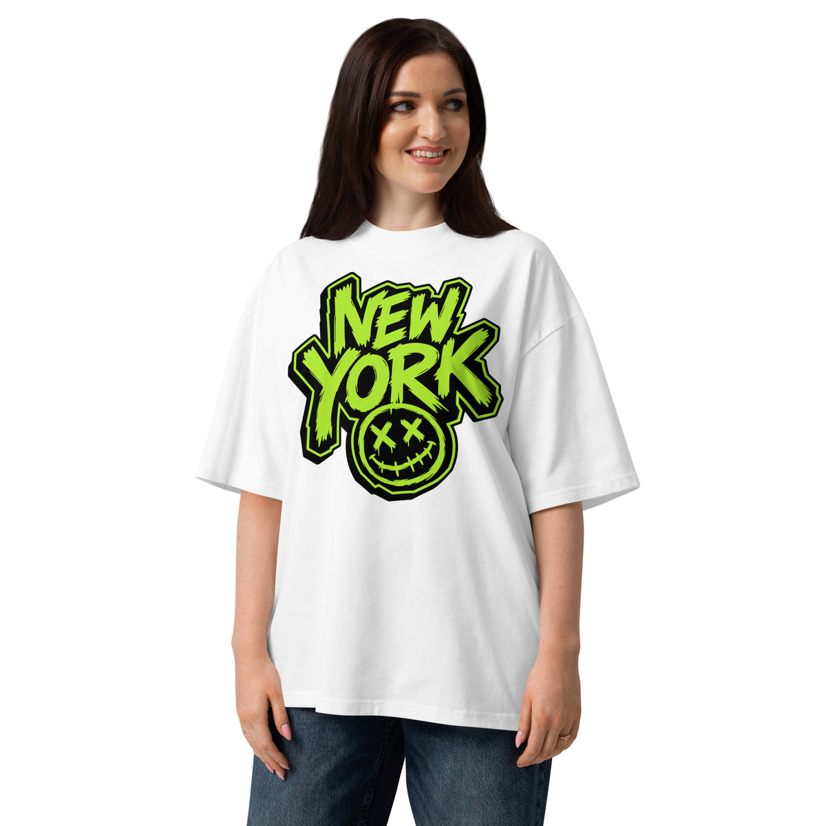 NY Smiles Unisex organic oversized high neck t-shirt — White — Women's model, front